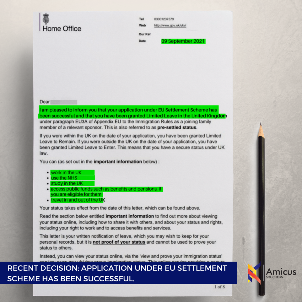 Application under EU Settlement Scheme has been successful.