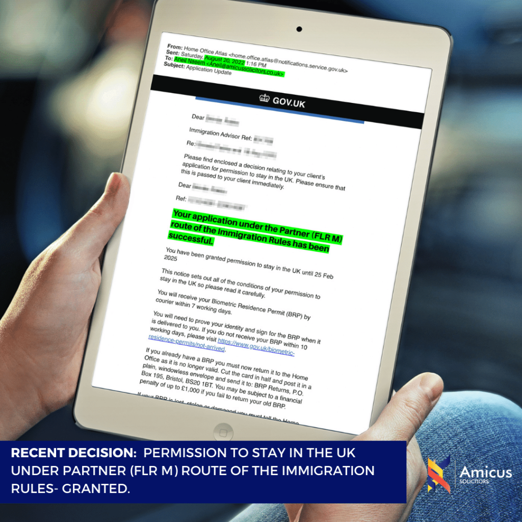 Permission to stay in the UK under Partner (FLR M) route of the Immigration Rules- Granted.